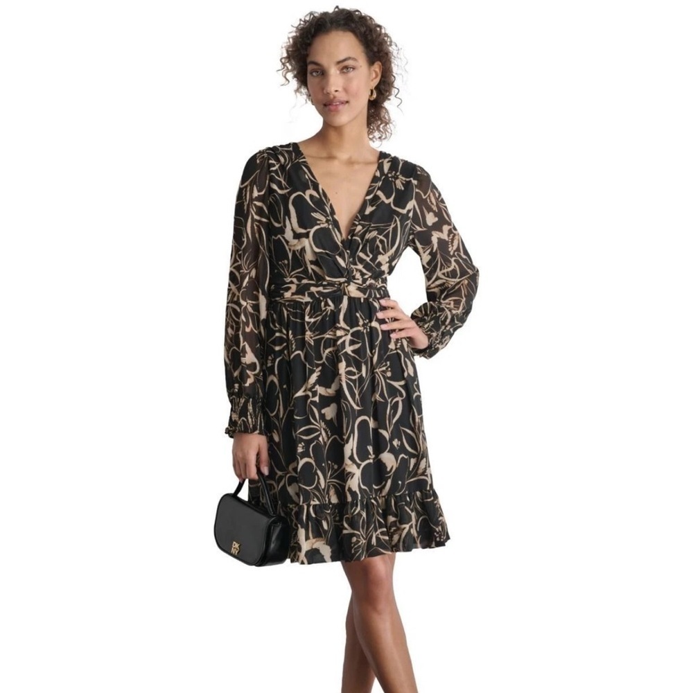 DKNY Black, Tan and Cream Floral Long Sleeve Chiffon Dress, Size 8, NWT - Picture 9 of 12
